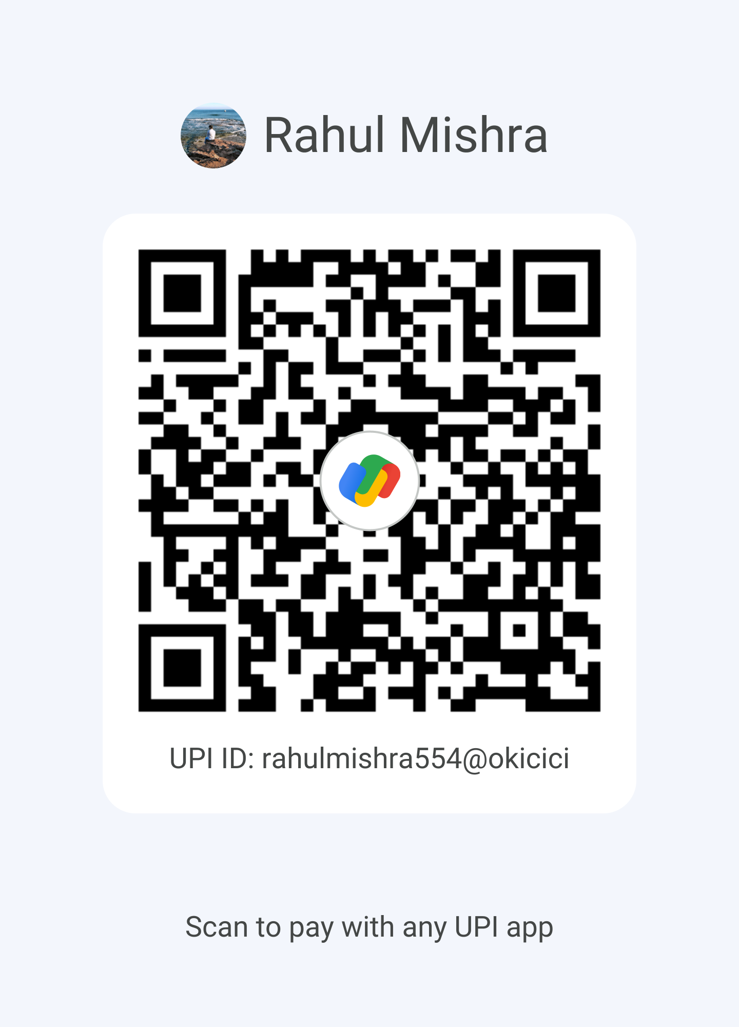 UPI QR code for Rahul Mishra. Scan to pay with any UPI app